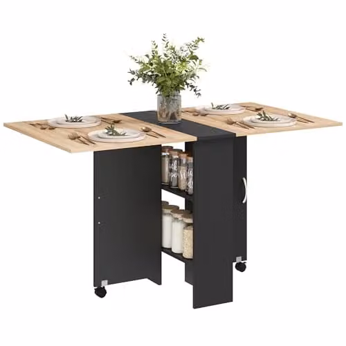 HOMCOM Modern Drop Leaf Folding Dining Table in Black and Oak, W/D/H: 80-140 x 60 x 75 cm