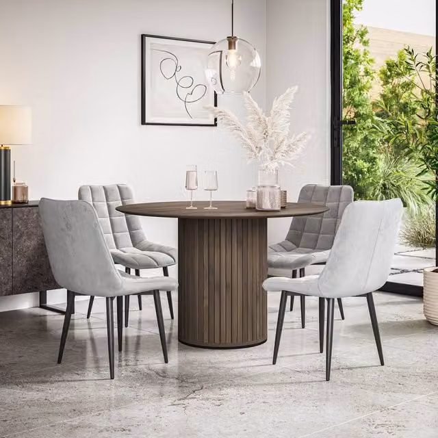 More4Homes Arlo Round Walnut Dining Table and 4 Grey Nova Velvet Dining Chairs Set