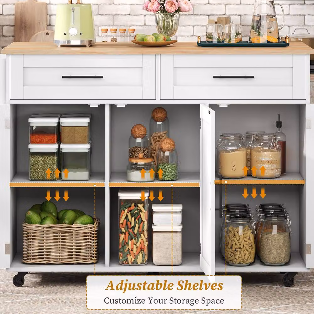 BTM White Folding Kitchen Island Trolley with Wood Storage Cabinet, H 91.5 x W 71.0 x D 71.0 cm – 4