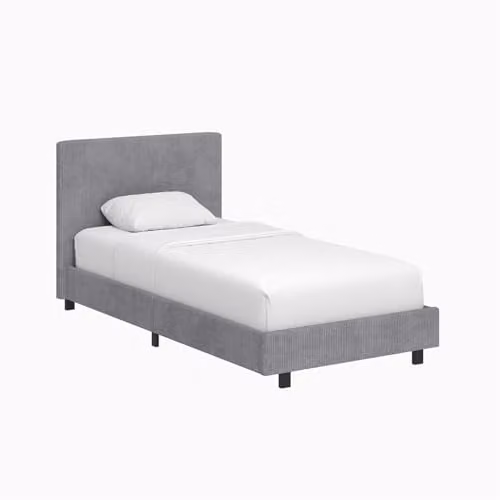 FWStyle Single Grey Ribbed Upholstered Fabric Bed with Tall Headboard – 1