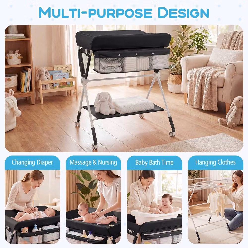CASART Foldable Baby Diaper Changing Table and Nursery Organiser with Storage Basket in Black – 4
