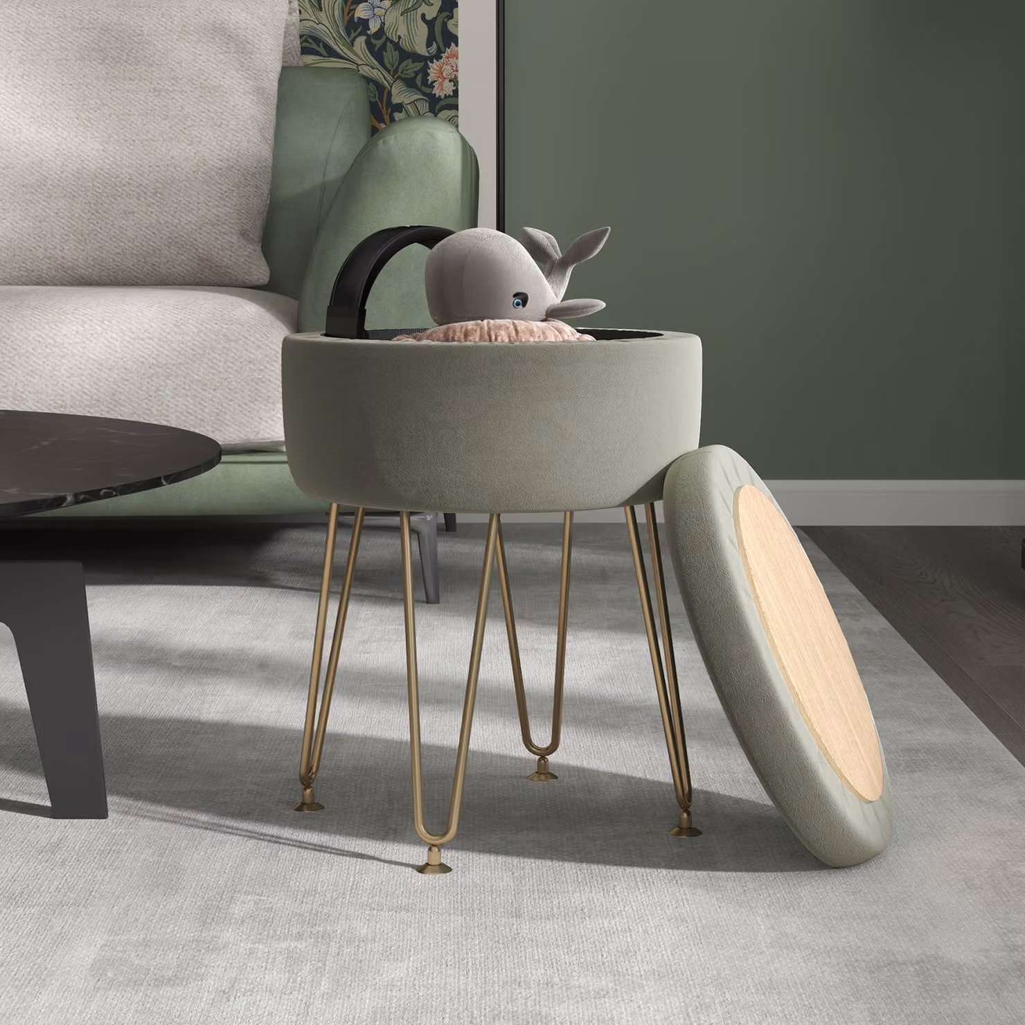 HOMCOM Modern Round Velvet Storage Ottoman with Metal Hairpin Legs and Removable Lid, Green – 2
