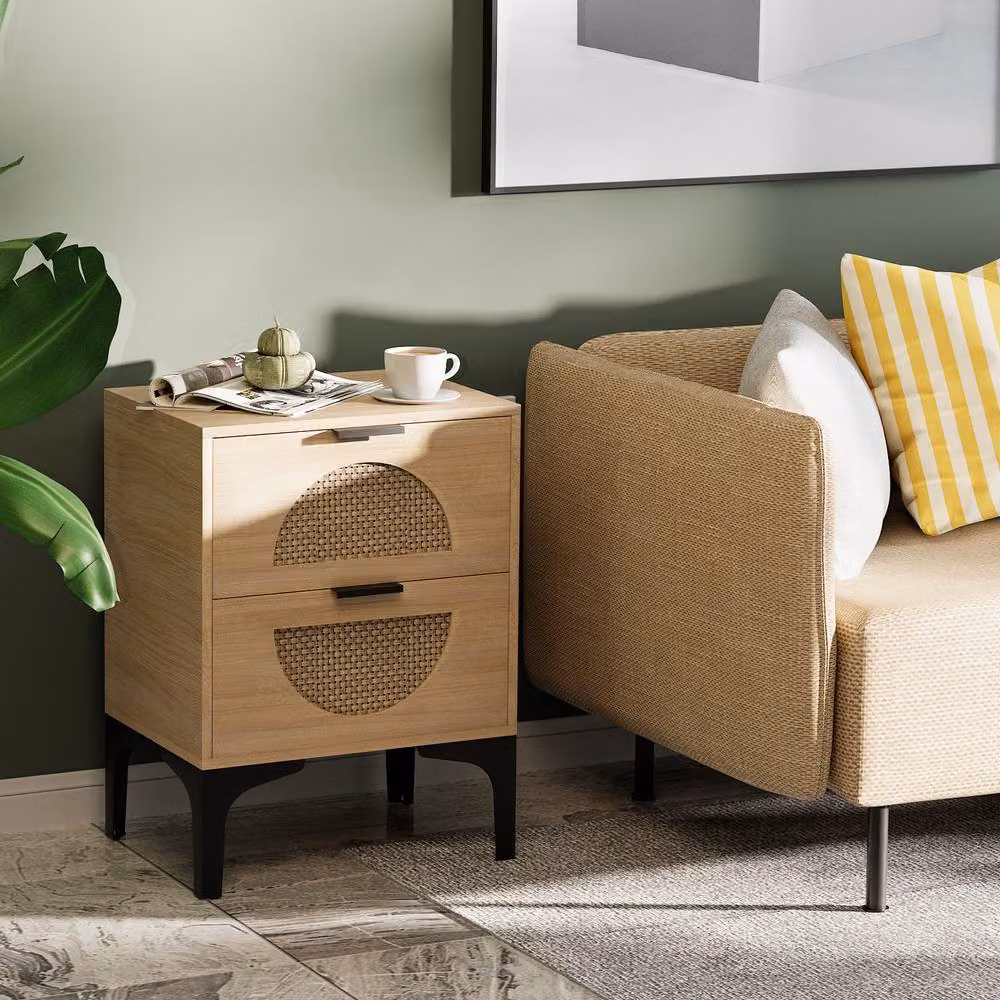 Huhote Boho Bedside Table Set of 2 with Rattan Drawers in Brown – 3