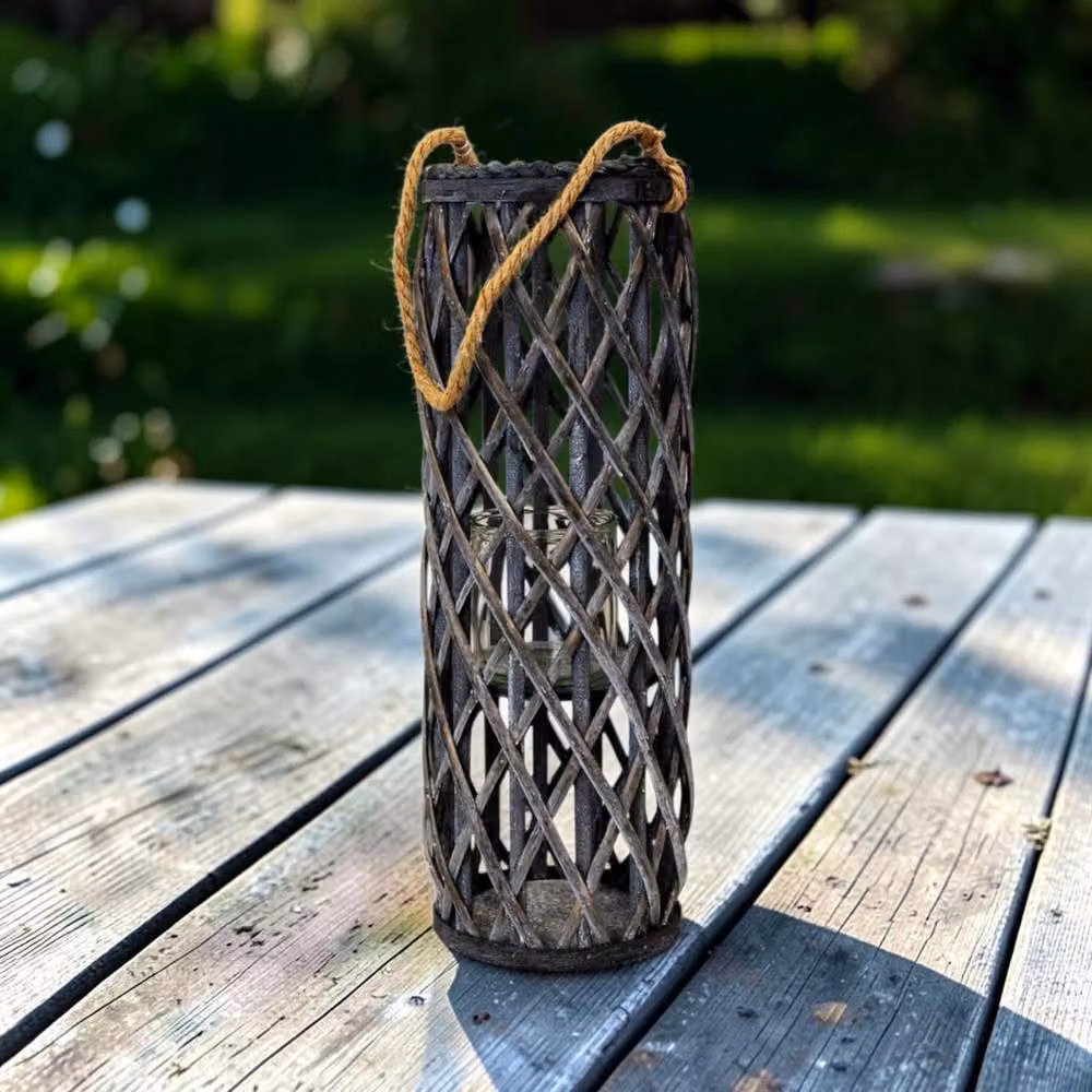 Gift Company Satchville Grey Washed Rustic Woven Lantern with Rope Handles for Pillar Candles – 2
