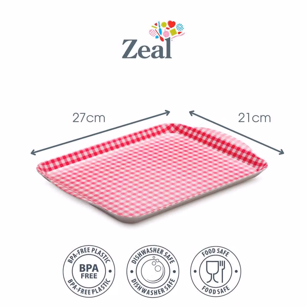 Zeal Melamine Gingham Serving Tray with Handles, Pink, W: 27 cm, D: 21 cm – 1