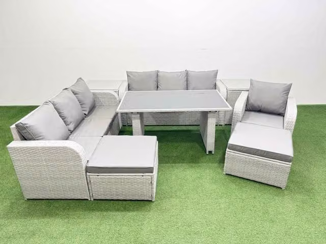 Fimous 9-Seater Patio Rectangular Table Sofa Set with 2 Side Tables and 2 Stools in Light Grey