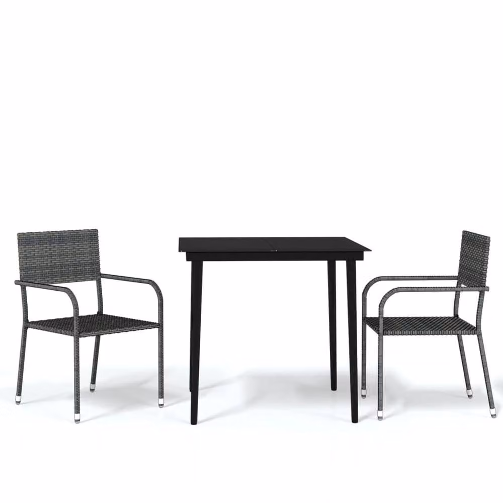 Berkfield Home Elegant 3 Piece Grey Garden Dining Set with Glass Top and Powder Coated Steel Frame – 2