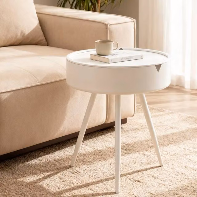 VOGREX Modern Round White Side Table and Bedside Nightstand – 1