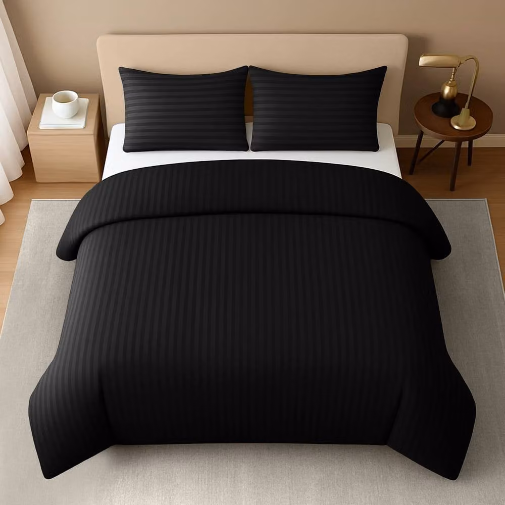 Lazzaro Home Premium Brushed Microfibre Embossed Striped Reversible Duvet Cover and Pillowcase Set, Black, W/D/H: 220 x 230 x 180 cm – 2