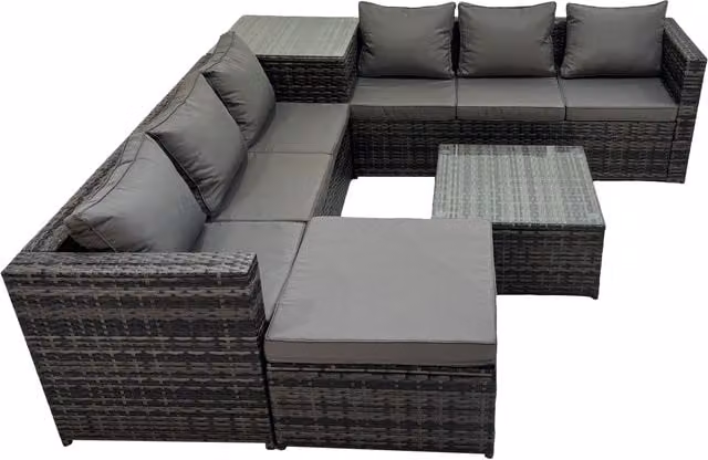 Fimous 7 Seater L-Shape Rattan Garden Furniture Set with Ottoman and Coffee Table in Dark Grey