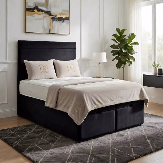 DS Living Majesty Black Velvet Upholstered Ottoman Bed, W/D/H: 200 x 200 cm