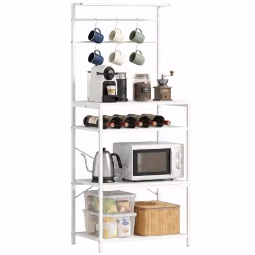 HOMCOM Industrial Freestanding 5-Tier Storage Shelf with Wine Rack and 6 Hooks, White, W/D/H: 59 x 40 x 143.5 cm