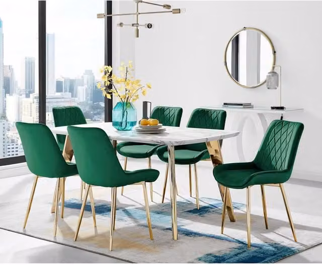 FurnitureboxUK Andria Green Marble Effect Dining Table and 6 Pesaro Gold Leg Chairs