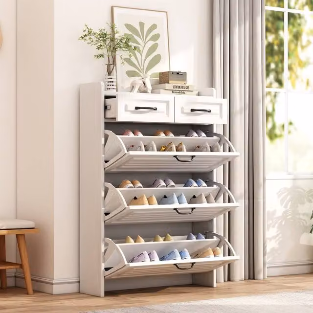 Matteo Modern Shoe Storage Cabinet with Tilting Compartments and Drawers in White