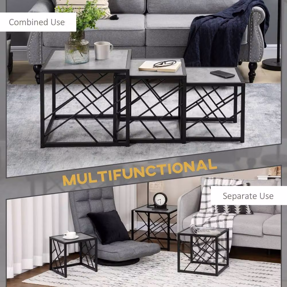 Wyld Haus Safi Set of 3 Grey Square Nesting Side Tables with Black Metal Frame – 6