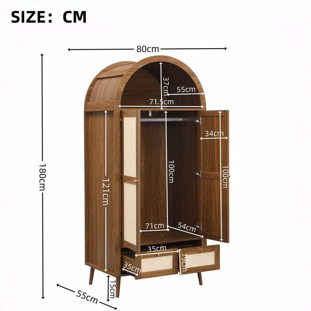 Matteo Arched Double Wardrobe in Walnut and Rattan-Effect with 2 Doors and 2 Drawers, H 180 cm x W 55 cm x D 55 cm – 4