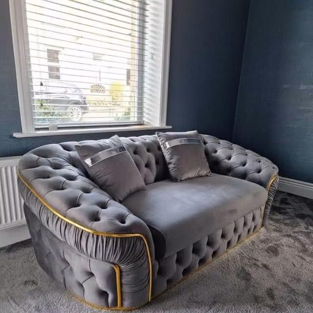 Stratus Interiors Ambassador Chesterfield 2 Seater Sofa in Silver Plush Velvet with Gold Trim