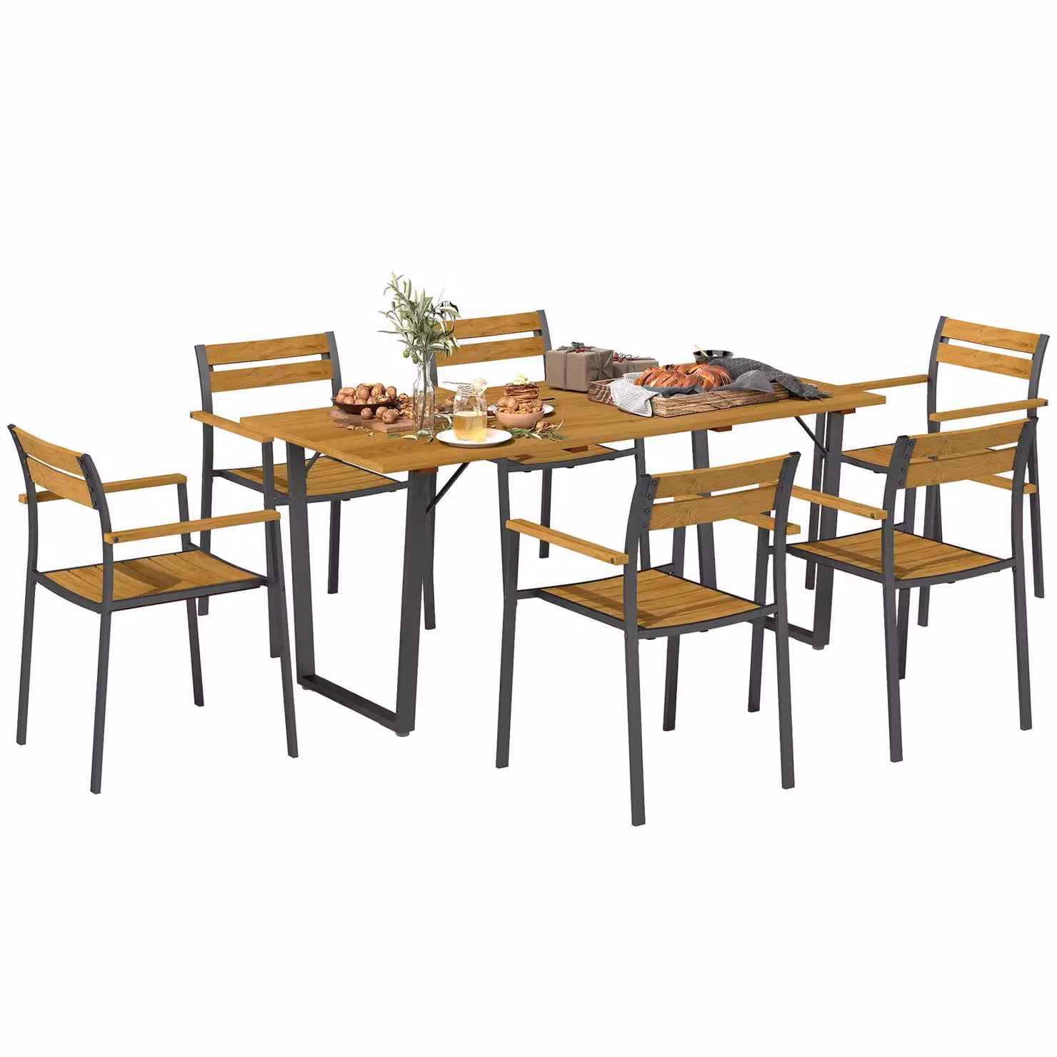 OUTSUNNY 7 Piece Garden Dining Set with Table and 6 Stackable Chairs, Brown – 2