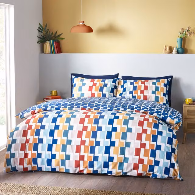 Catherine Lansfield Bryson Geometric Reversible Cotton Duvet Cover Bedding Set in Multicolour