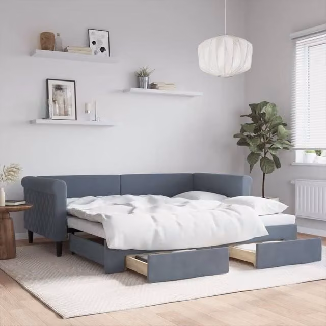 Berkfield Home Velvet Daybed with Trundle and Drawers in Dark Grey, W/D/H: 90 x 190 cm – 1