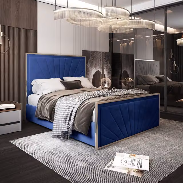 KDMD Naptime Modern Upholstered Velvet Metal Bed Frame in Blue, W/D/H: 200 x 200 cm