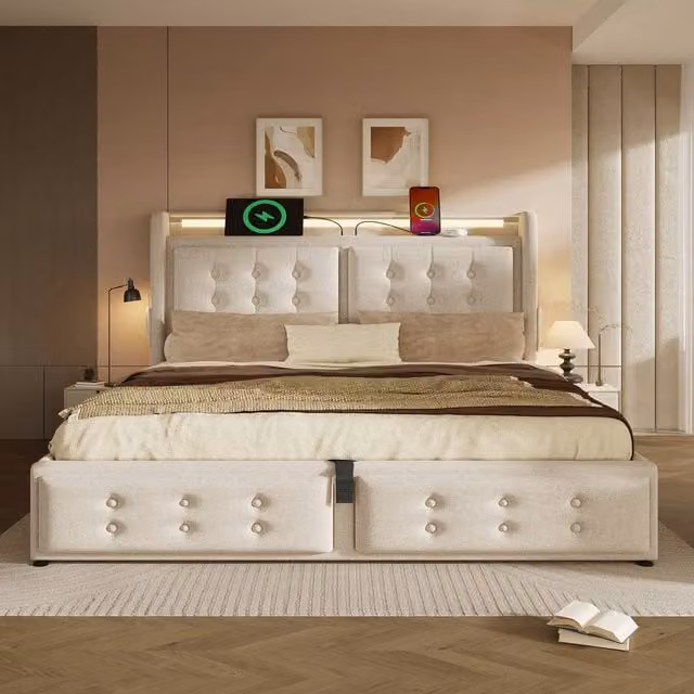 Merax King Upholstered Linen Storage Bed with LED Lighting and USB Charging Ports, Beige, W: 150 cm, D: 200 cm