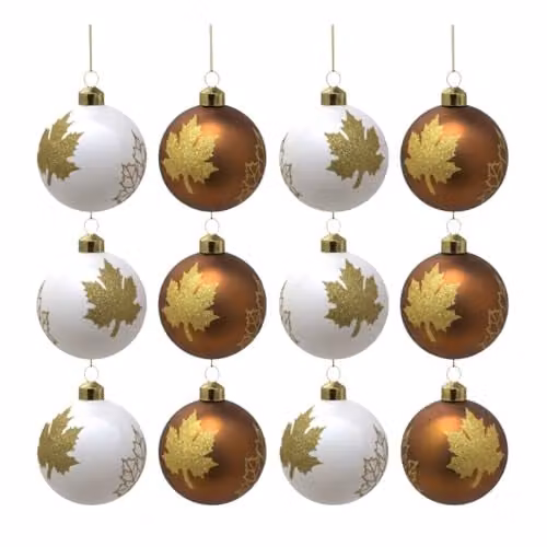 Shatchi 12-Piece Set of Classic Floral Glass Baubles in White, Gold and Brown for Christmas, Weddings or Parties, Diameter: 8 cm – 1