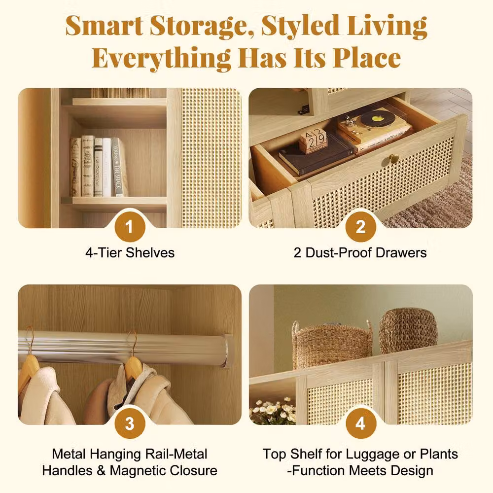 Merax Oak Rattan Effect Wardrobe with Soft-Close Hinged Doors, Open Shelves, Hanging Rail and Drawers in Natural Brown and Beige – 3