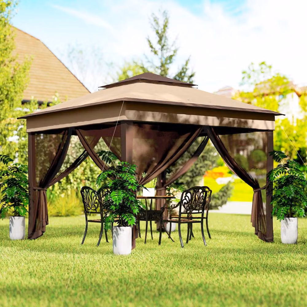 Outsunny Pop Up Gazebo with Netting and Carry Bag, Beige and Brown, W: 300 cm, D: 300 cm, H: 252 cm – 4