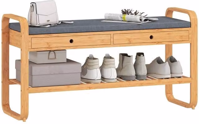NESTLUNE Grey Cushioned Shoe Bench with 2 Drawers, W: 100 cm, D: 60 cm – 1