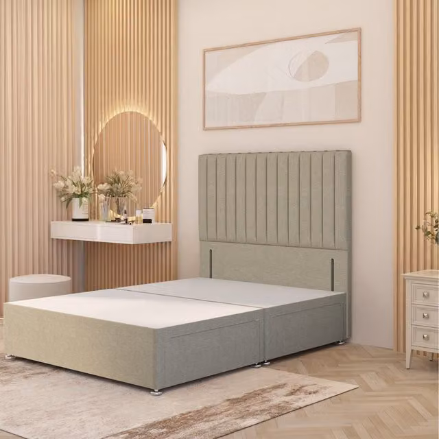 Somnior Beds Ltd Verona Divan Bed Base with 54 inch Floor Standing Headboard in Beige Linen Fabric, W/D/H: 140 x 200 cm