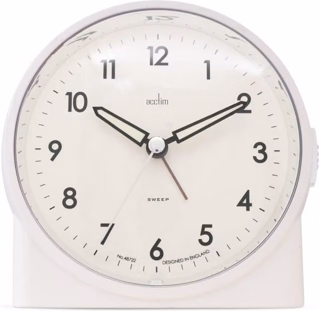 Acctim Arlo Round Analogue Quartz Tabletop Alarm Clock with Silent Sweep and Illuminated Hands in White or Beige – 1