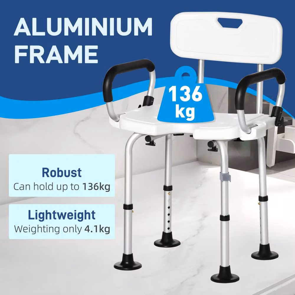 STILVORA Adjustable Shower Chair with Back and Padded Arms in White – 3