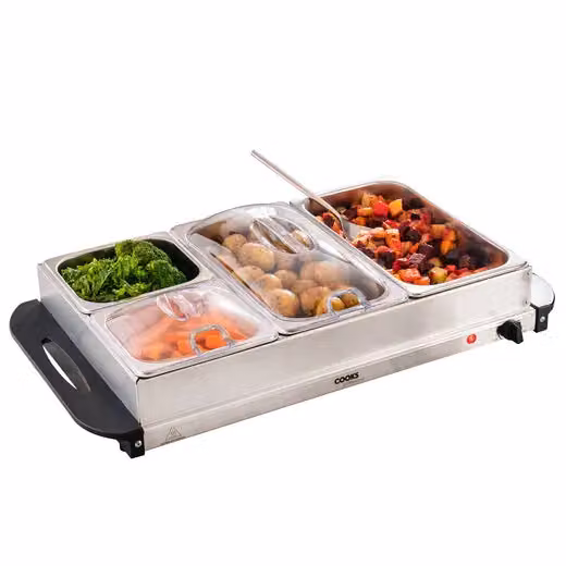 Cooks Professional 4-Section Buffet Warmer in Silver with Hotplate Function and Adjustable Temperature, 7.2L – 2