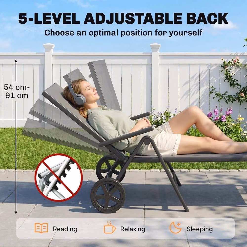 FORGEVIO Folding Sun Lounger with Wheels, 5-Position Adjustable Textilene Garden Chair in Grey – 3