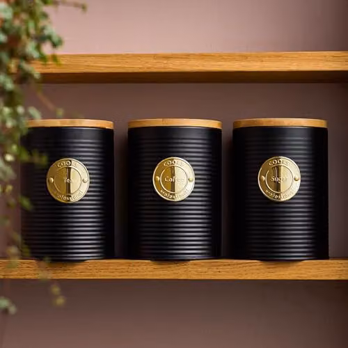 Cooks Professional 3 Piece Ribbed Tea, Coffee and Sugar Canister Set with Airtight Bamboo Lids in Black and Gold Stainless Steel – 2