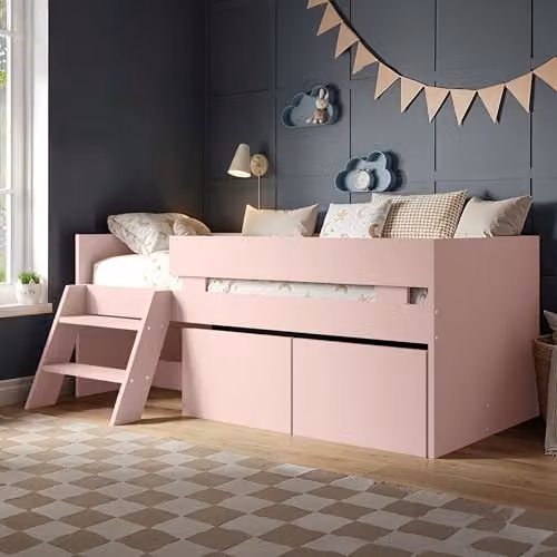 Flair Furnishings Logan Kids Single Low Sleeper Bed with Storage Drawers, Pink – 1