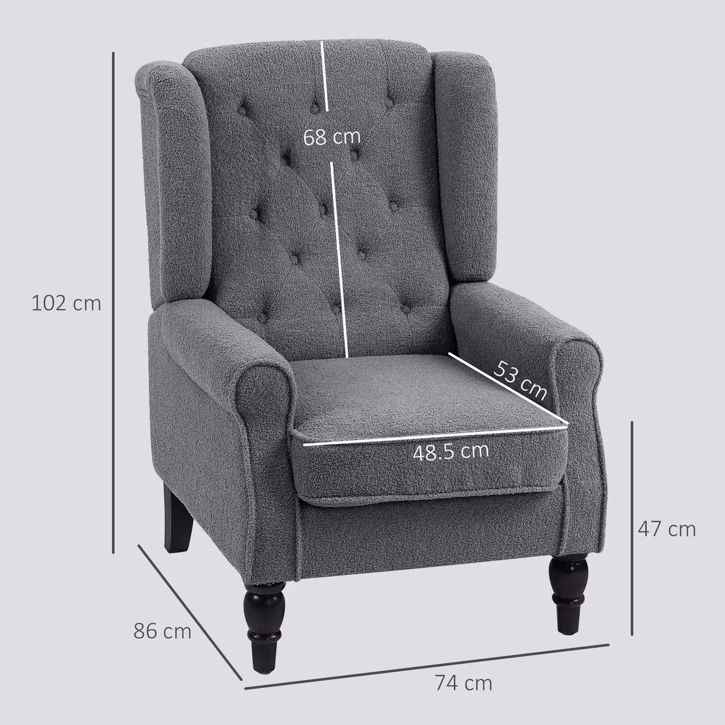 HOMCOM Retro Wingback Accent Chair in Grey Fabric with Solid Wood Frame and Button Tufting – 3