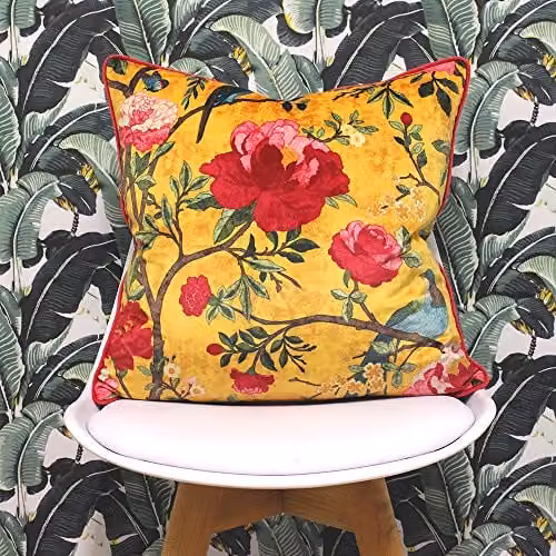 Paoletti Gold and Pink Floral Velvet Square Cushion with Hollow Fibre Filling, W/D/H: 50 x 50 x 5 cm – 2