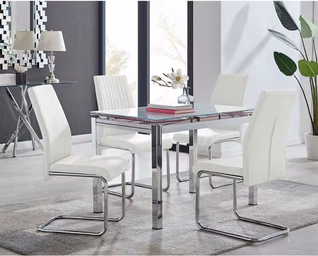 FurnitureboxUK Enna White Glass Extending Modern Rectangular Kitchen Dining Table and 4 Lorenzo Chairs