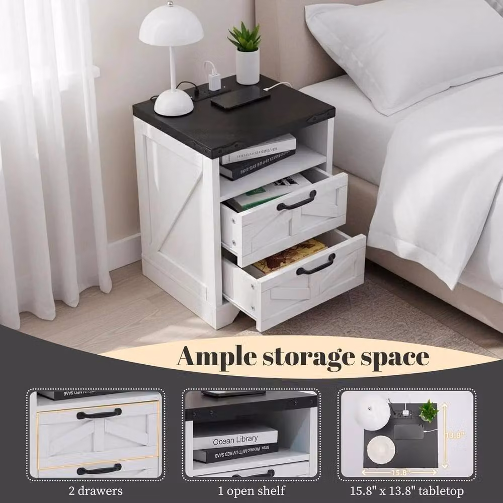 VOGREX Bedside Table Cabinet with Charging Station and 2 Drawers in White – 5