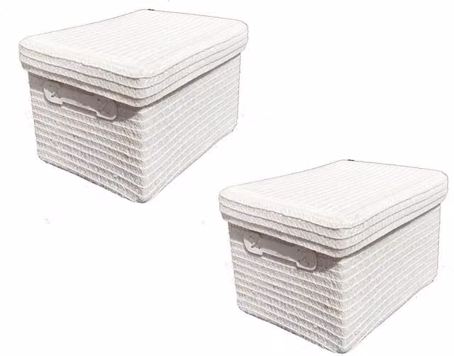 Topfurnishing White Fabric and Plastic Storage Basket with Handles and Lid, Diameter: 17.5 cm