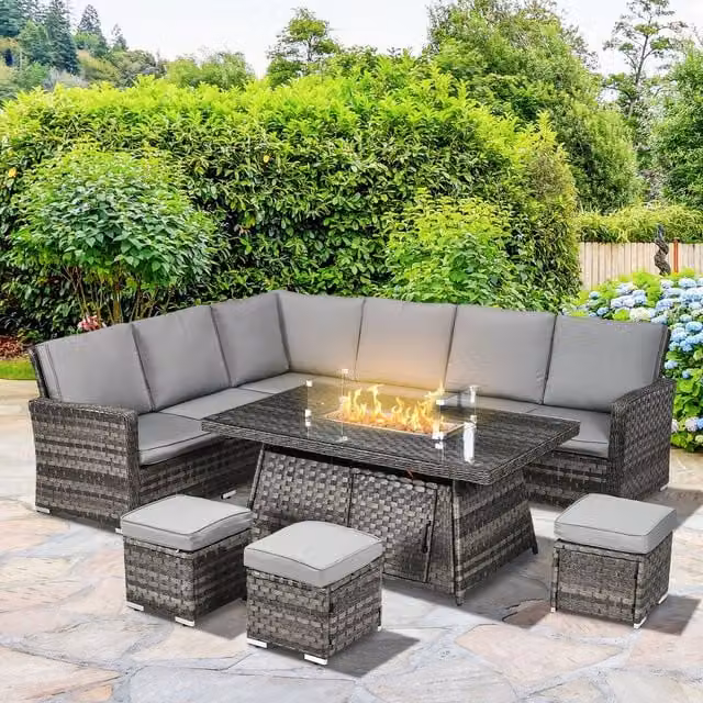Outsunny 7 Piece Grey Polyrattan Garden Furniture Set with U-Shape Corner Sofa, Ottomans and Outdoor Coffee Table