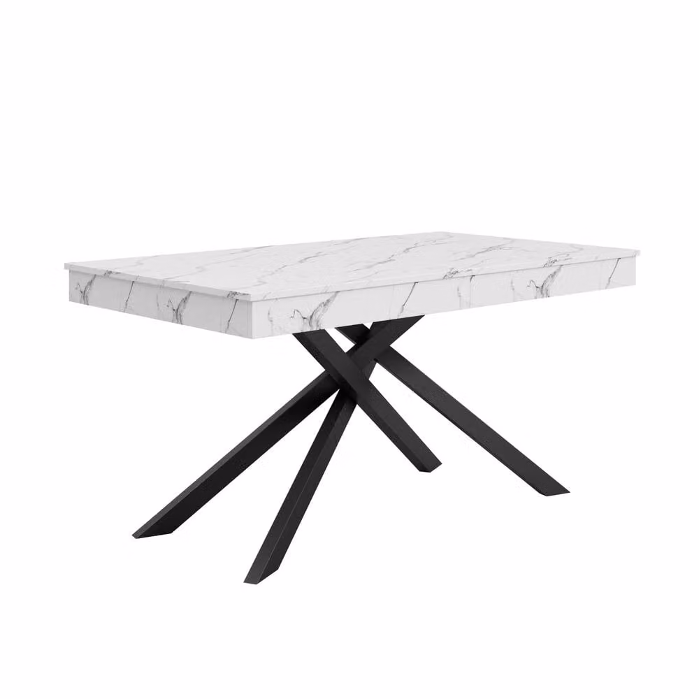 ModernLuxe Extendable Rectangular Dining Table with Glossy White MDF Tabletop and Metal X-Frame Legs – 4