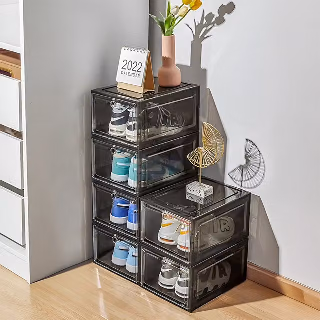 Livingandhome 6-Pack Stackable Magnetic Shoe Storage Display Boxes in Transparent Grey