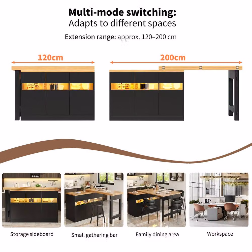 Rolipo Extendable LED Bar Table in Black with 360 Degree Swivel and Storage, Width: 120 cm – 4