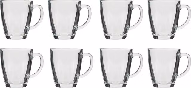 Dibor Set of 8 Transparent Glass Coffee Mugs, 360 ml per mug
