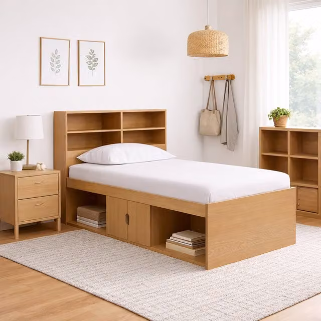 Kidsaw Low Mid-Height Cabin Bed Frame with Bookcase Headboard and Side Compartments, Brown, W/D/H: 90 x 190 cm