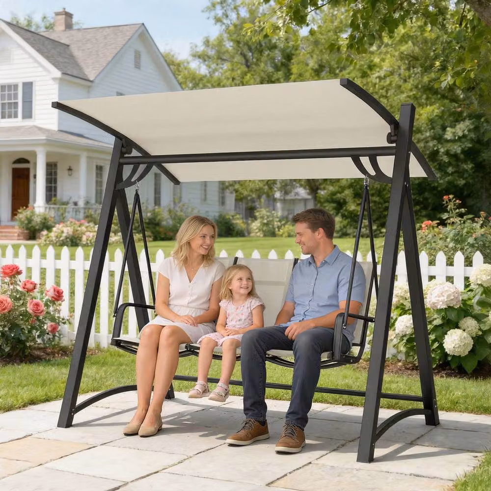 STILVORA 3 Seater Swing Chair with Adjustable UV-Resistant Canopy in Beige – 2