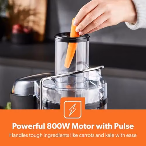 Geepas 800W Centrifugal Juice Extractor in Silver and Black with Stainless Steel Body, 75mm Wide Mouth, 2 Speed and Pulse Functions – 6